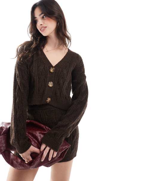 Miss Selfridge v neck relaxed fit cable knit cardigan in chocolate (part of a set) - view 1
