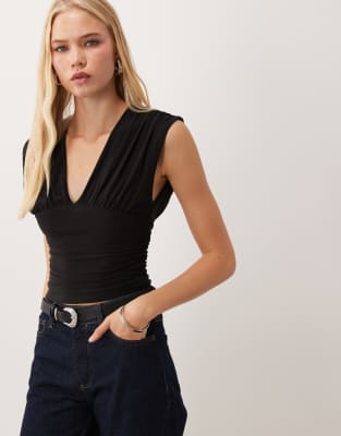 Miss Selfridge V-neck Ruched Tank Top In Black