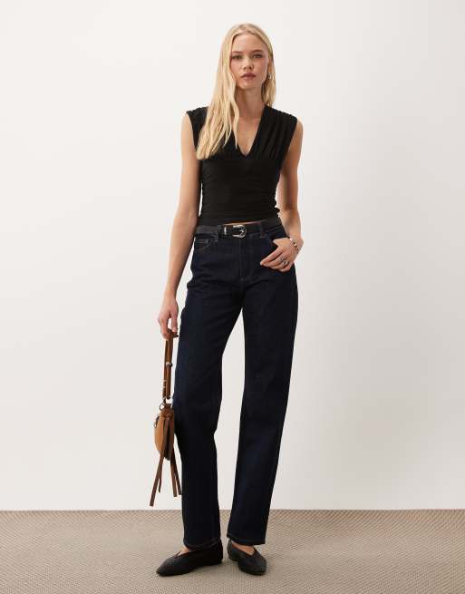 Miss Selfridge v-neck ruched tank top in black, 2 of 4