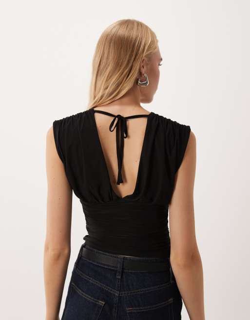 Miss Selfridge v-neck ruched tank top in black, 4 of 4