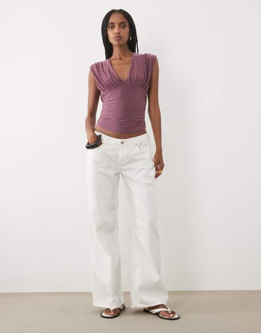 Miss Selfridge v-neck ruched tank top in plum, 2 of 4