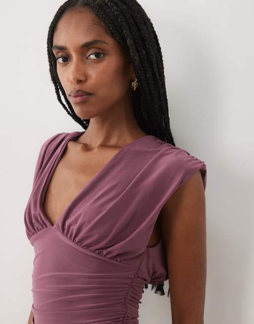 Miss Selfridge v-neck ruched tank top in plum, 3 of 4