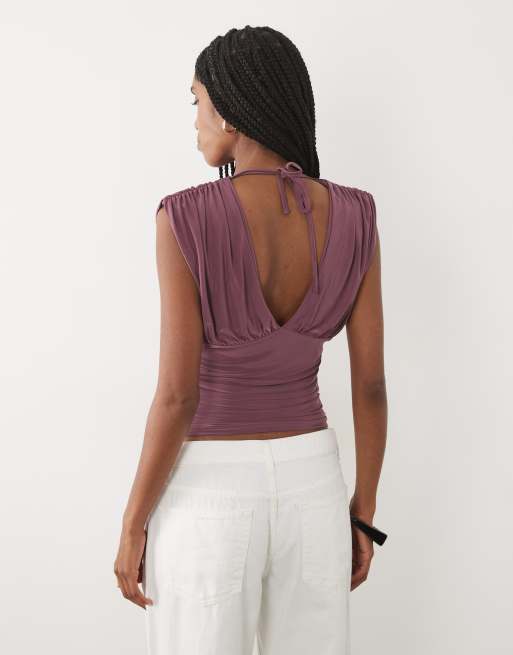 Miss Selfridge v-neck ruched tank top in plum, 4 of 4