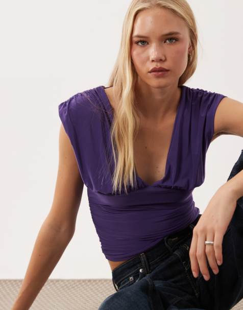 Miss Selfridge v-neck ruched tank top in purple - view 1