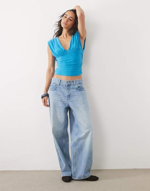 Miss Selfridge v-neck ruched tank top in turquoise, 3 of 4