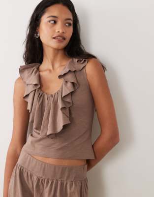 Miss Selfridge V-neck Ruffle Tank Top In Brown