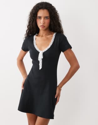 Miss Selfridge V-neck Short Sleeve Mini Dress With Bow In Black