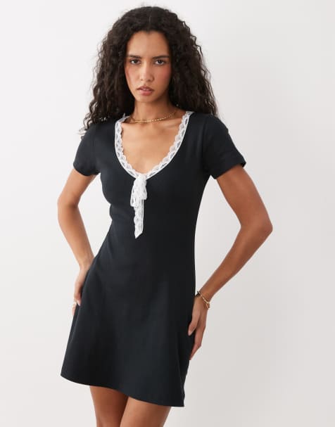 Miss Selfridge v-neck short sleeve mini dress with bow in black - view 1