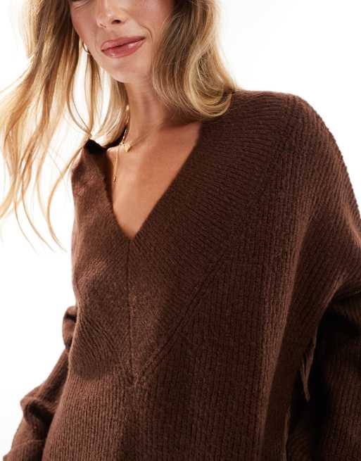 Miss Selfridge V neck slouchy mini dress in chocolate, 3 of 4