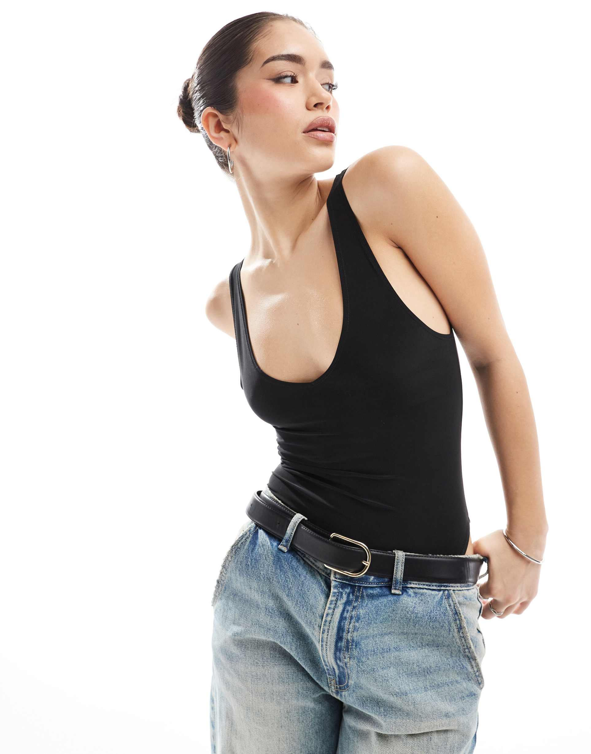 miss selfridge v neck soft touch bodysuit in black