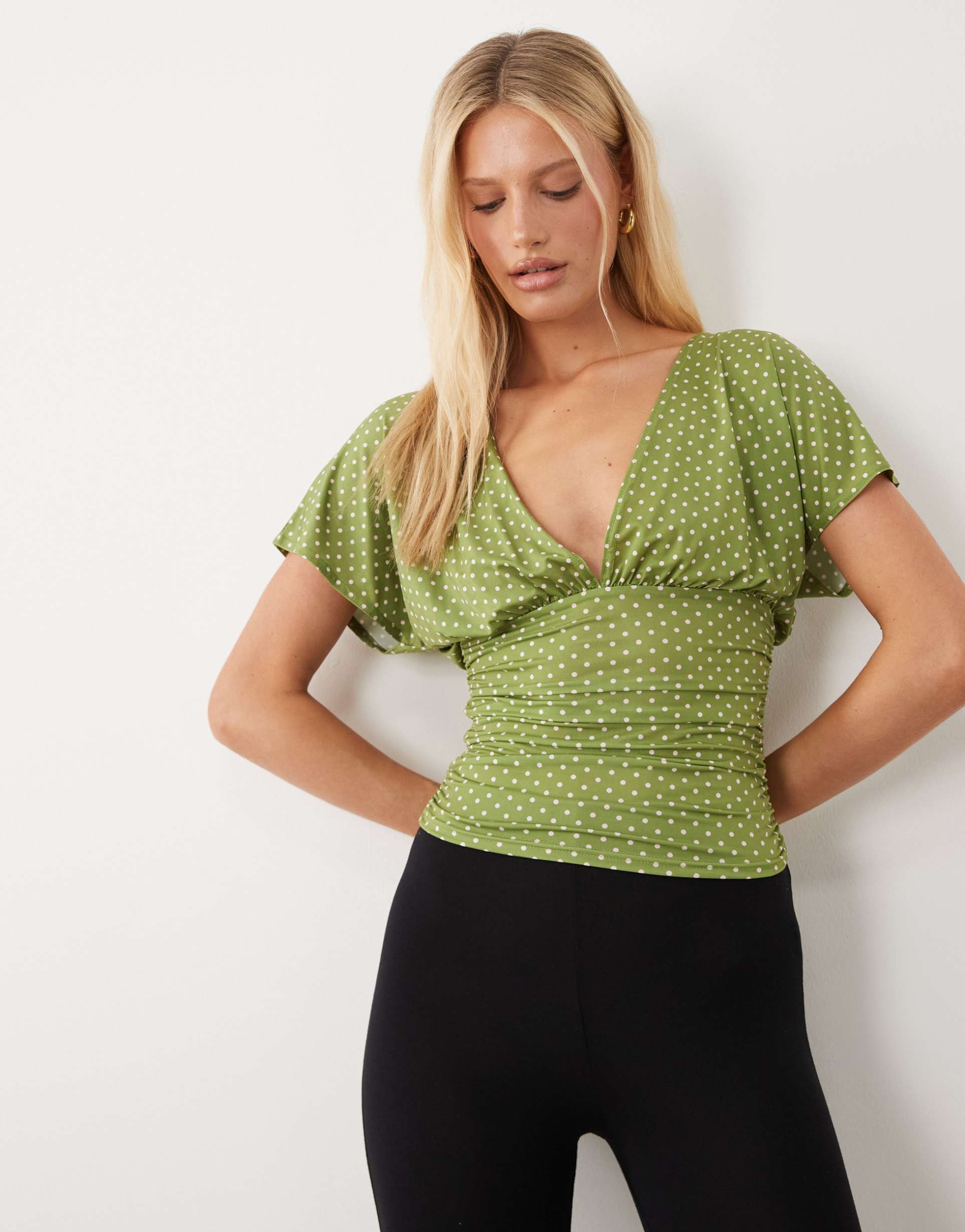 miss selfridge v-neck top in polka dot print