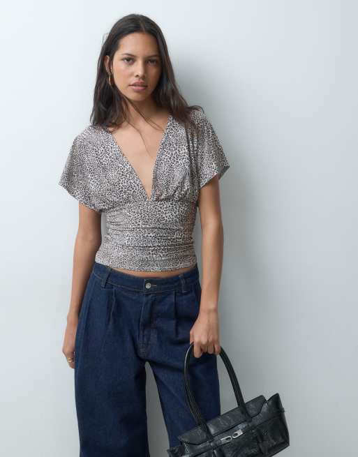 Miss Selfridge v neck top with gathered waist in animal print, 2 of 5