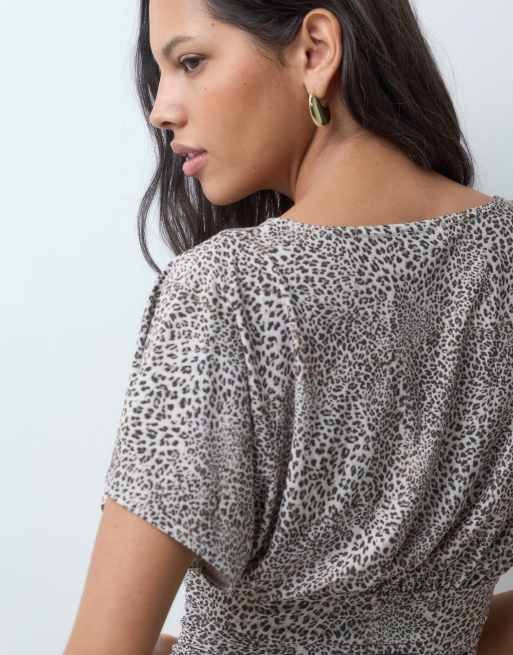 Miss Selfridge v neck top with gathered waist in animal print, 3 of 5