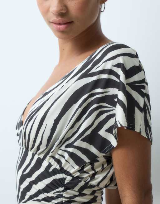 Miss Selfridge v neck top with gathered waist in zebra print, 3 of 4