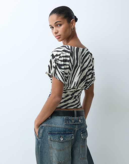 Miss Selfridge v neck top with gathered waist in zebra print, 4 of 4