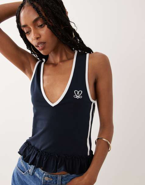 Miss Selfridge v-neck varsity tank with frill hem - view 1