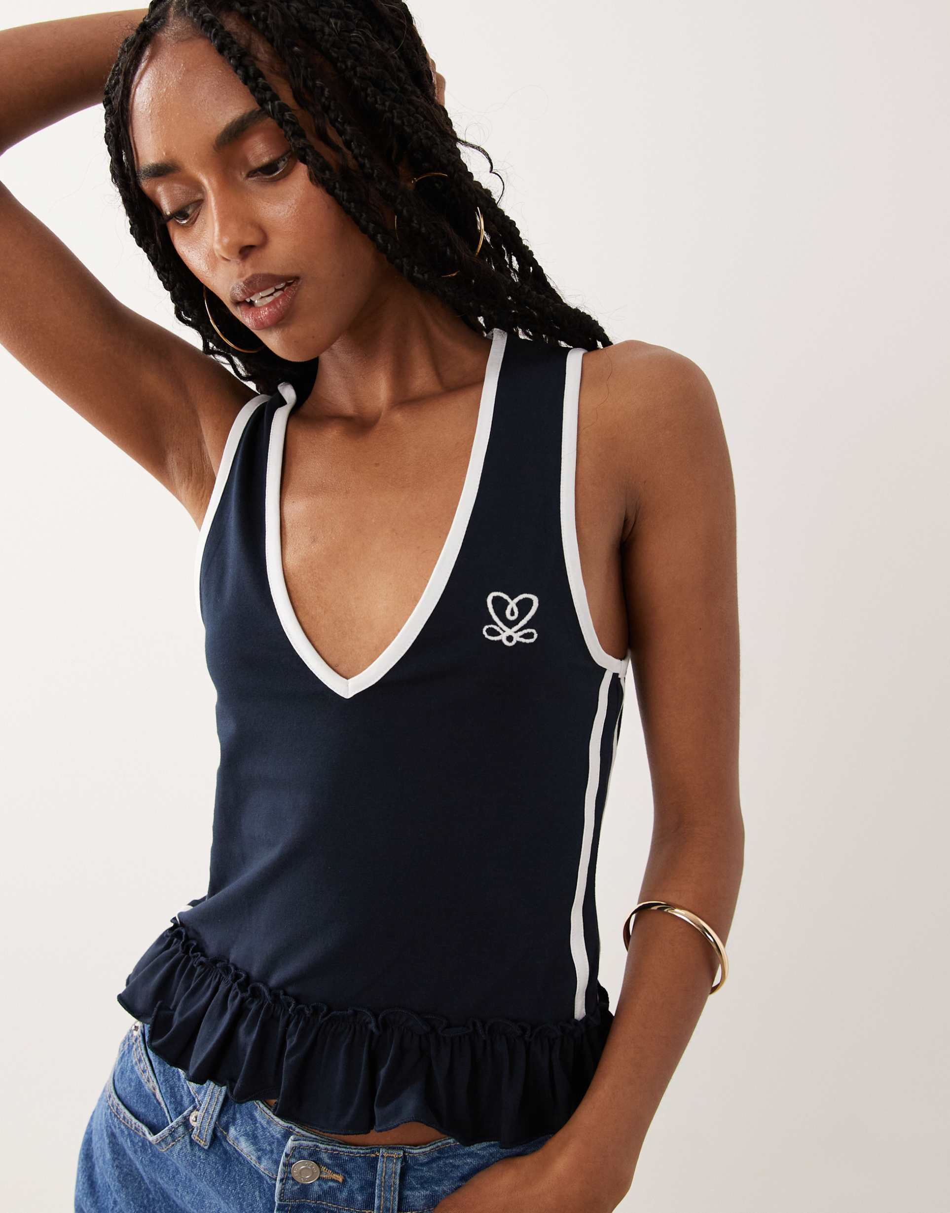 miss selfridge v-neck varsity tank with frill hem