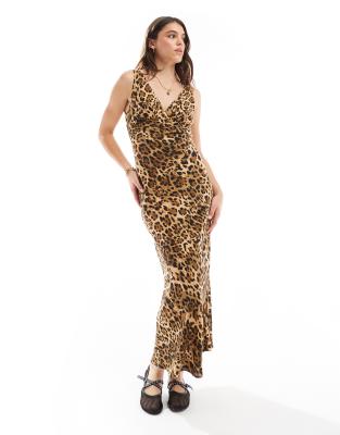 v neck wide strap maxi slip dress in animal print-Brown