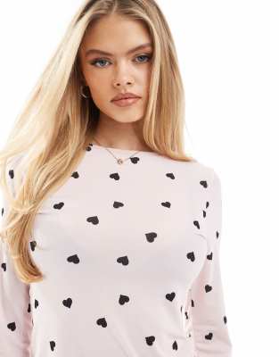 Miss Selfridge Valentines Ditsy Heart Jersey Long Sleeve Top-multi In Multi