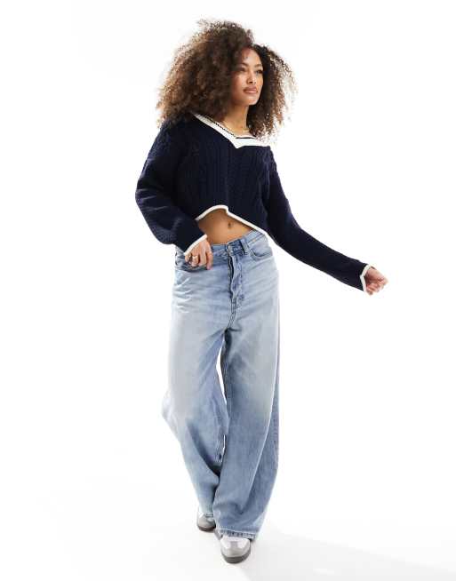 Miss Selfridge varsity crop jumper in navy with tipping, 2 of 4