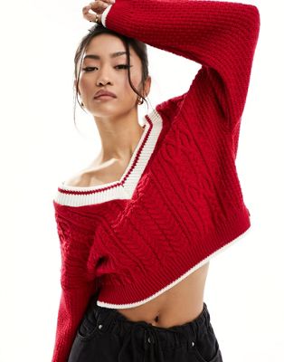 Miss Selfridge varsity crop jumper in red with contrast tipping