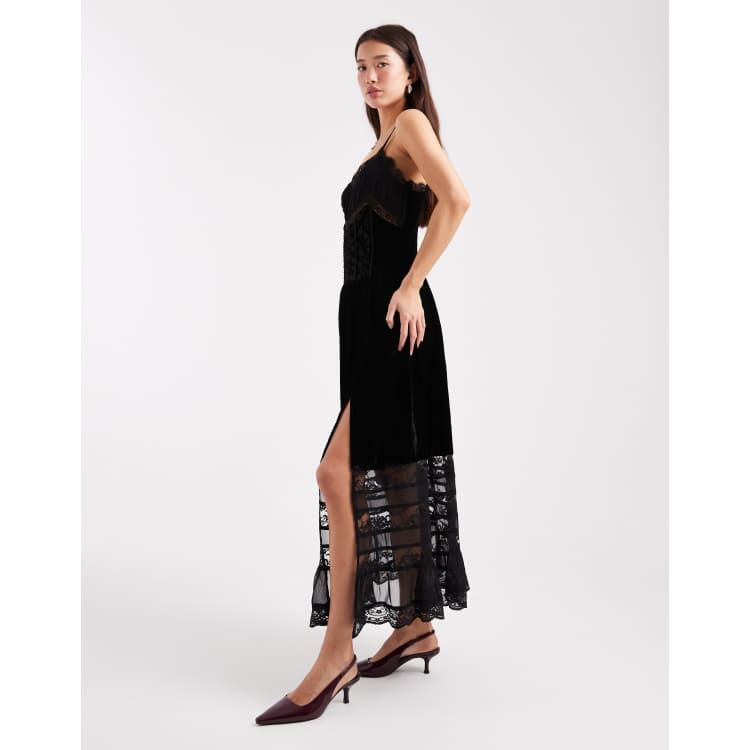 Miss Selfridge velvet and lace cami maxi dress in black | ASOS