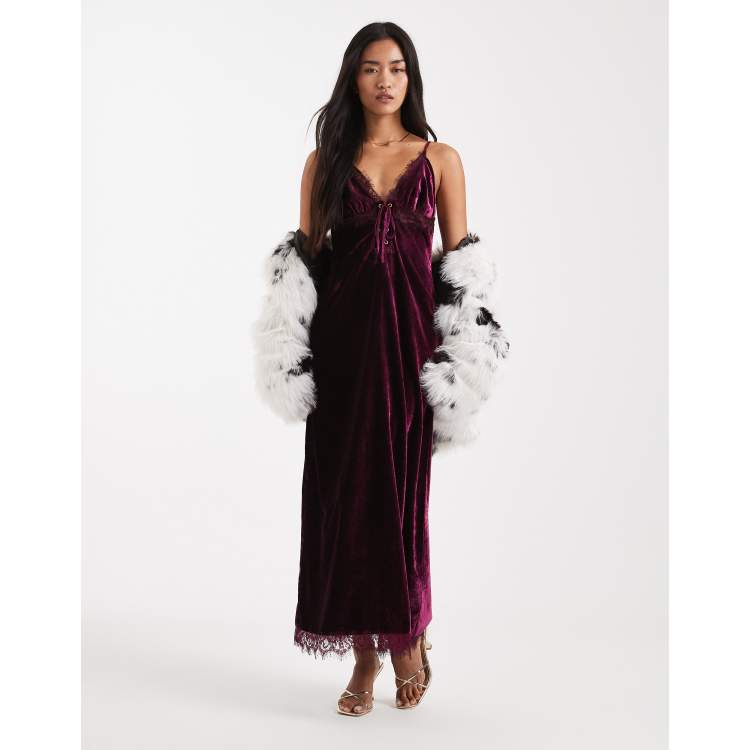 Miss Selfridge velvet and lace cami maxi dress in burgundy | ASOS