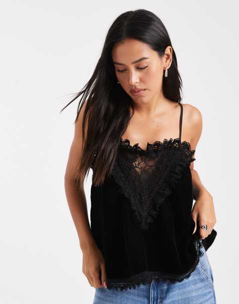 Miss Selfridge velvet and lace cami top in black - view 1