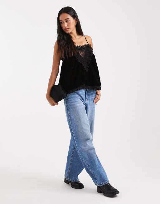 Miss Selfridge velvet and lace cami top in black, 2 of 4