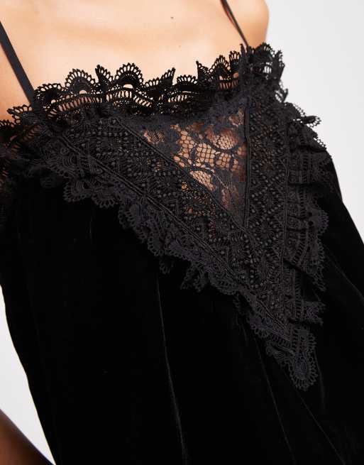Miss Selfridge velvet and lace cami top in black, 4 of 4