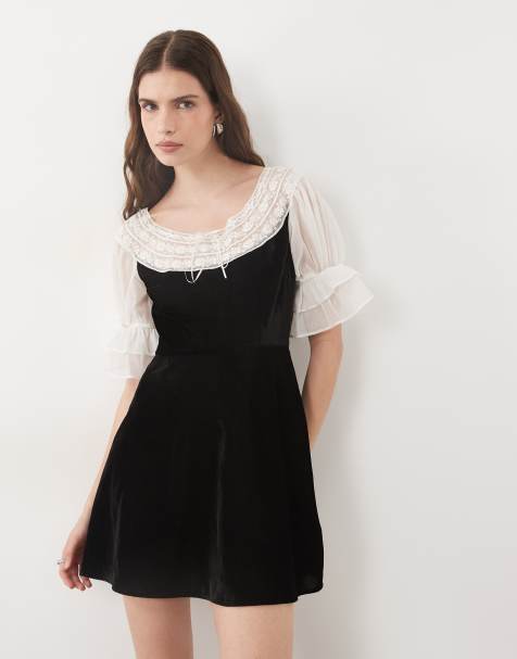 Miss Selfridge velvet and lace mini tea dress in black - view 1