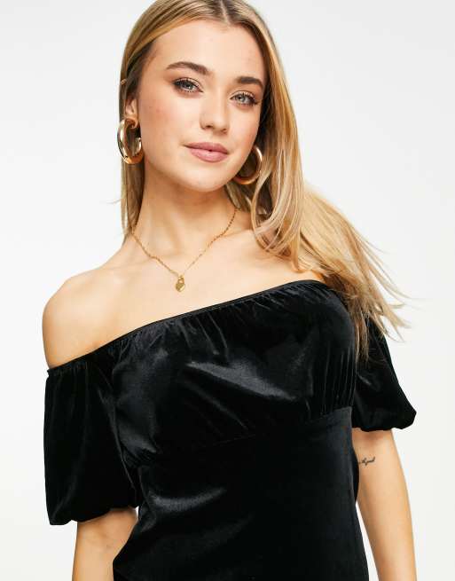 Miss Selfridge velvet bardot mini dress in black ASOS