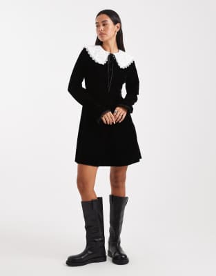 Miss Selfridge Miss Selfridge velvet collar mini dress in black