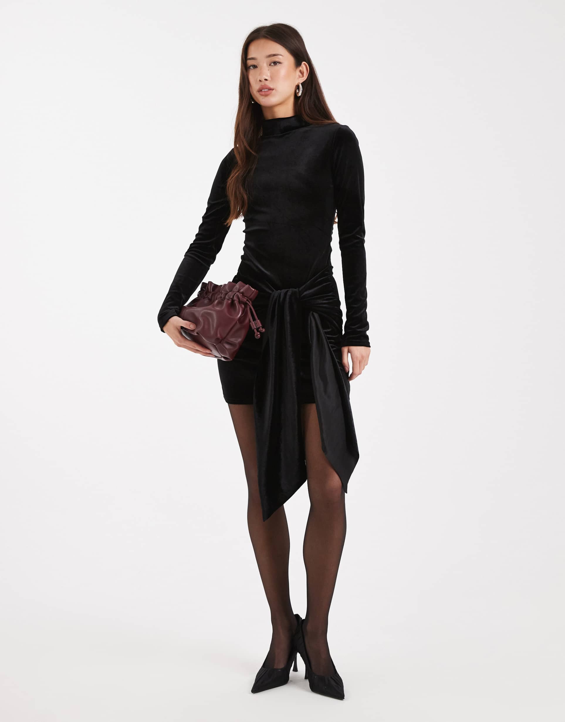 miss selfridge velvet high neck tie waist mini dress