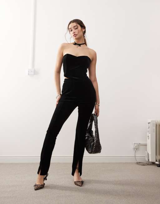 Miss Selfridge velvet lace trim bandeau corset top in black, 4 of 4