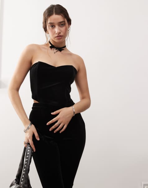 Miss Selfridge velvet lace up trim bandeau corset top in black - view 1