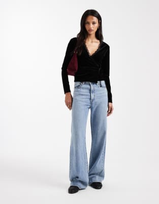 Miss Selfridge Velvet Long Sleeve Wrap Top In Black