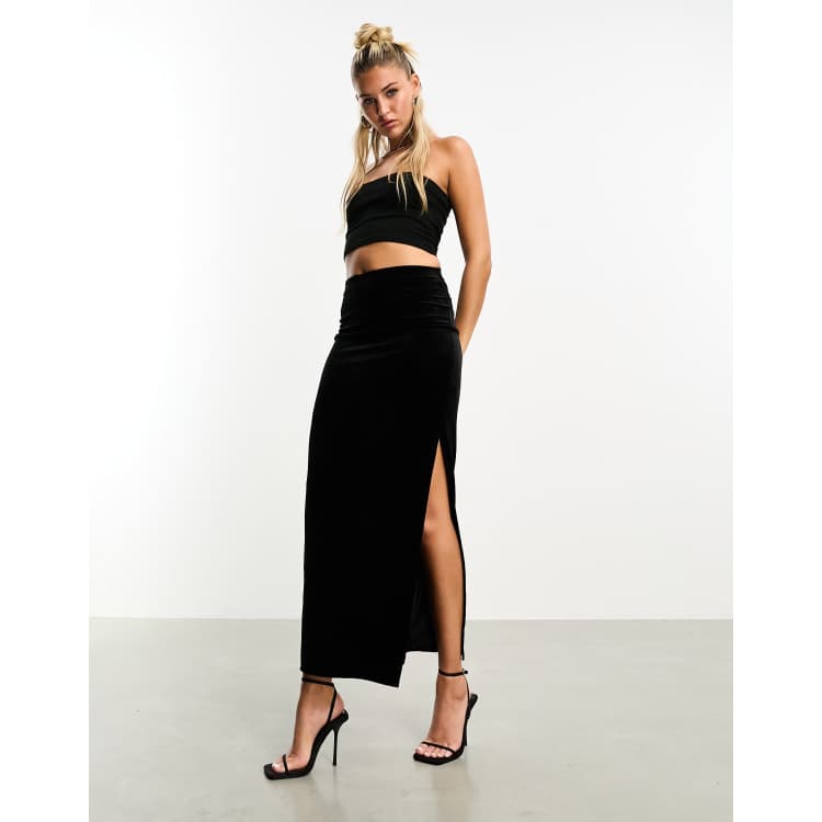 Miss Selfridge velvet midi skirt with split in black ASOS