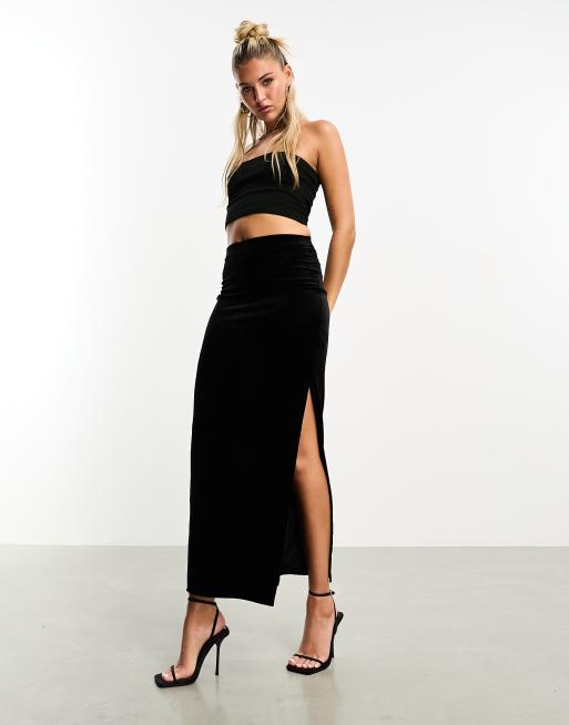 Miss Selfridge velvet midi skirt with split in black ASOS