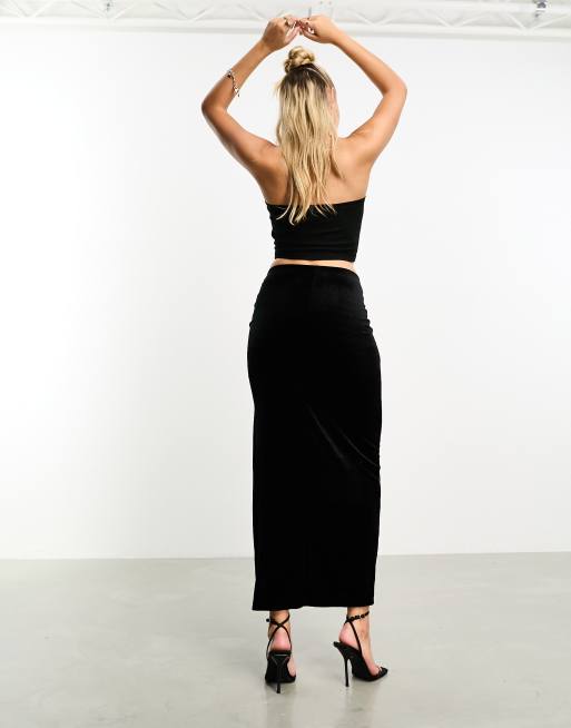 Miss Selfridge velvet midi skirt with split in black ASOS