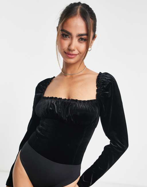 Miss Selfridge velvet milkmaid bodysuit in black