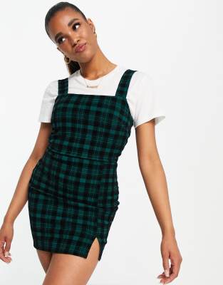 Miss Selfridge velvet pinafore mini dress in green check