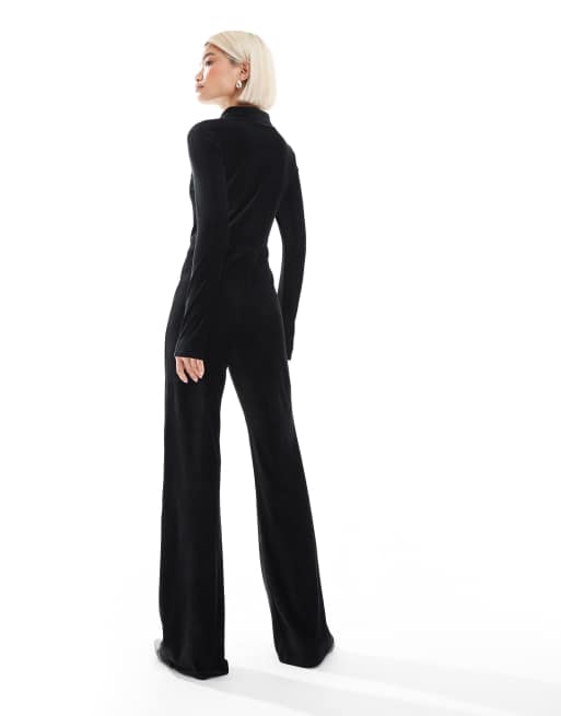 Miss Selfridge velvet rib long sleeve henley jumpsuit