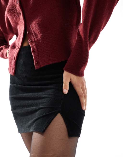 Miss Selfridge velvet rib notch mini skirt in black, 3 of 5