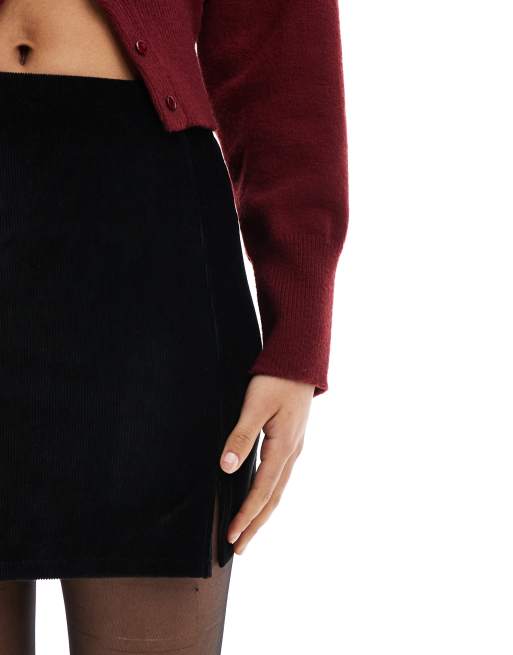 Miss Selfridge velvet rib notch mini skirt in black, 4 of 5