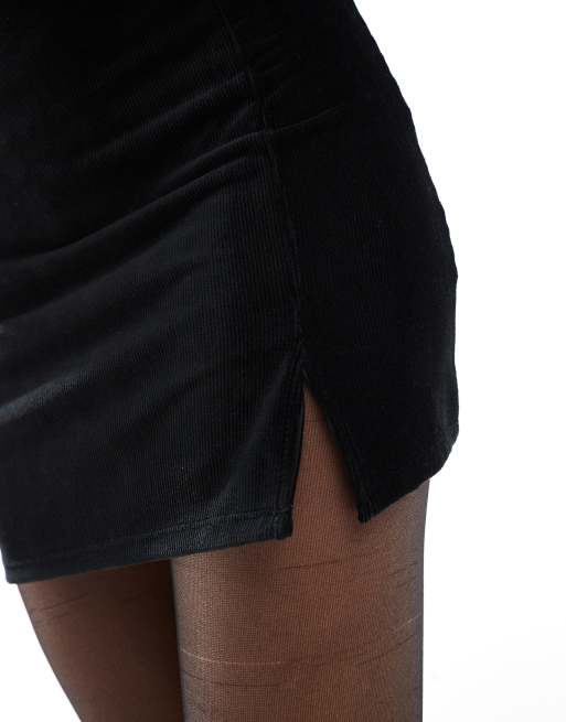 Miss Selfridge velvet rib notch mini skirt in black, 5 of 5