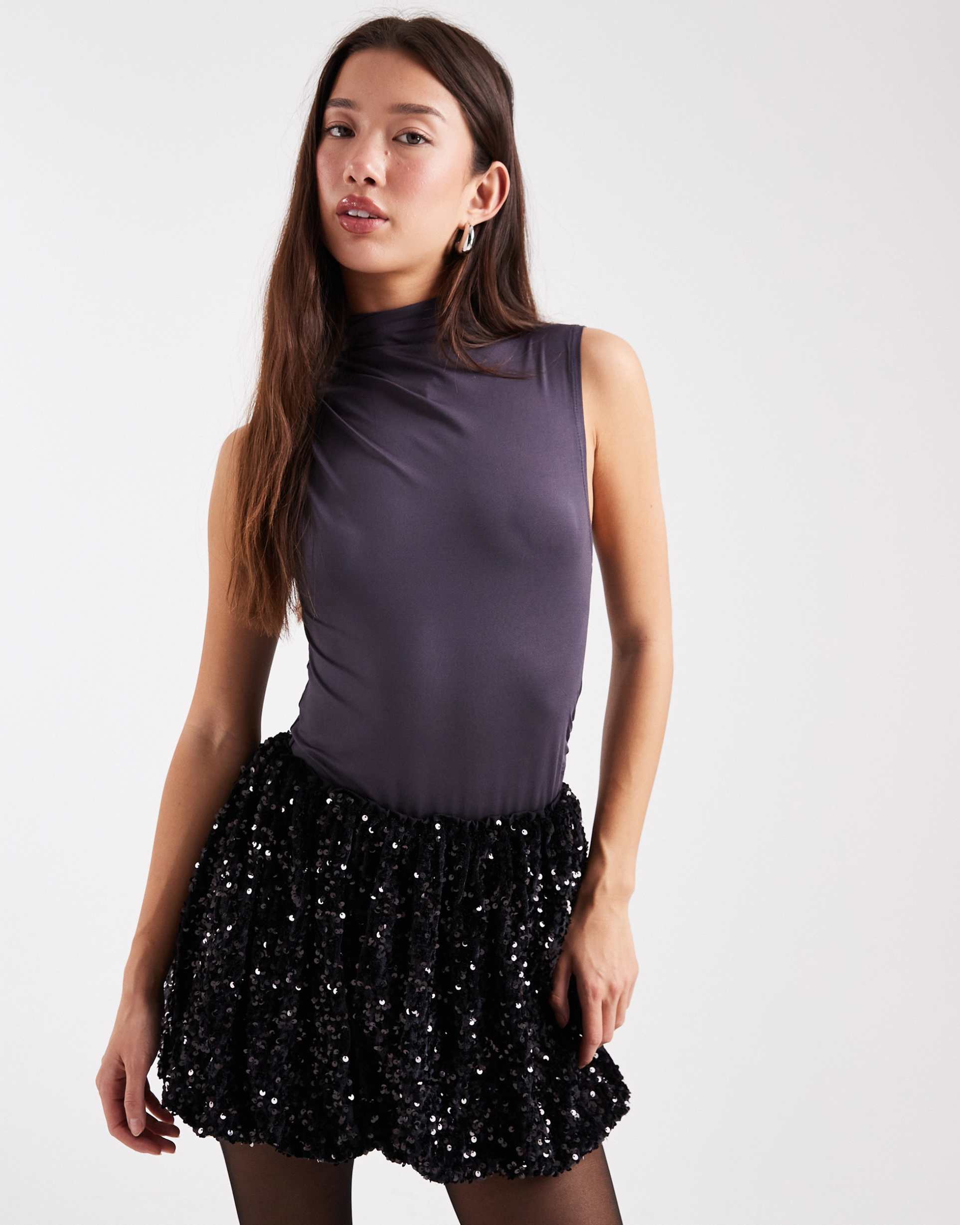 miss selfridge velvet sequin skirt in black