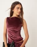 [Miss Selfridge] Miss Selfridge velvet slash neck racer top in burgundy-Red L Dark Berry
