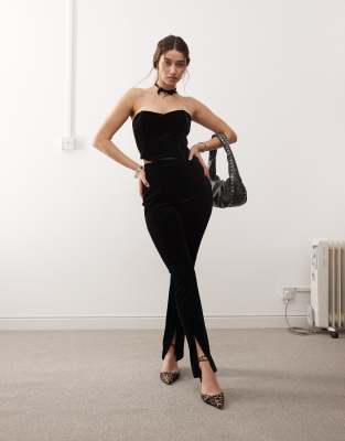velvet tailored split front pants in black