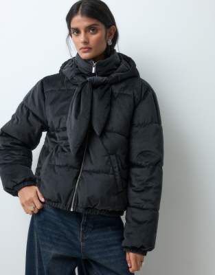 Miss Selfridge Velvet Tie Neck Puffer Coat In Black